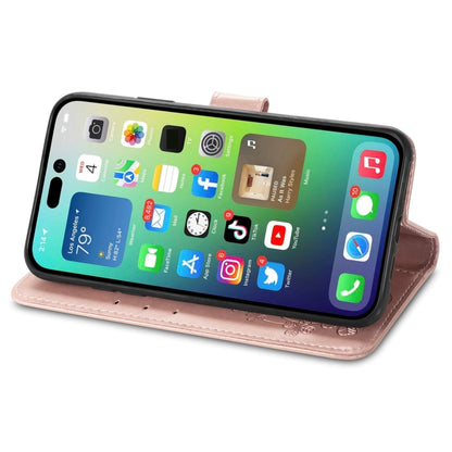 For iPhone 15 Plus Four-leaf Clasp Embossed Buckle Leather Phone Case(Rose Gold) - iPhone 15 Plus Cases by buy2fix | Online Shopping UK | buy2fix