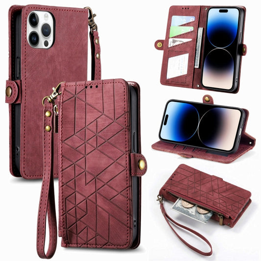 For iPhone 15 Pro Max Geometric Zipper Wallet Side Buckle Leather Phone Case(Red) - iPhone 15 Pro Max Cases by buy2fix | Online Shopping UK | buy2fix
