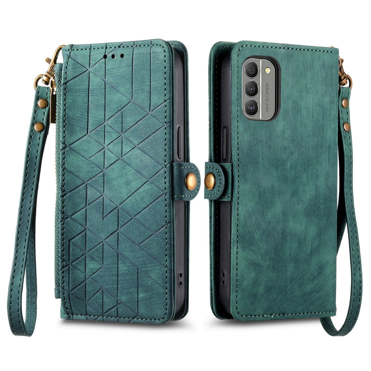 For Nokia XR21 Geometric Zipper Wallet Side Buckle Leather Phone Case(Green) - Nokia Cases by buy2fix | Online Shopping UK | buy2fix