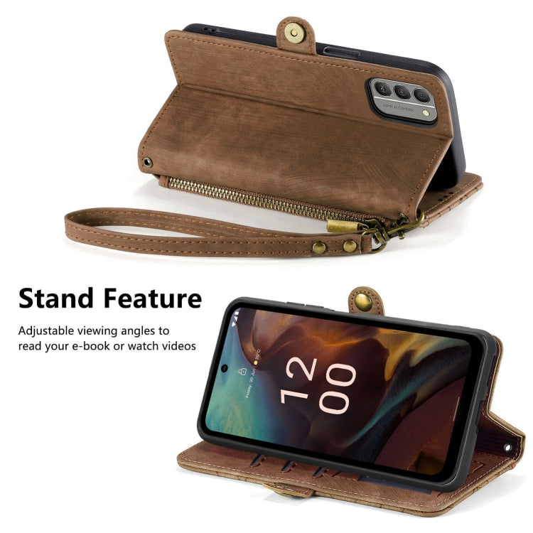 For Nokia XR21 Geometric Zipper Wallet Side Buckle Leather Phone Case(Brown) - Nokia Cases by buy2fix | Online Shopping UK | buy2fix