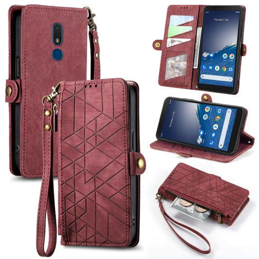 For Nokia C3 Geometric Zipper Wallet Side Buckle Leather Phone Case(Red) - Nokia Cases by buy2fix | Online Shopping UK | buy2fix