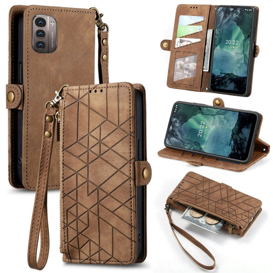 For Nokia G11/G21 Geometric Zipper Wallet Side Buckle Leather Phone Case(Brown) - Nokia Cases by buy2fix | Online Shopping UK | buy2fix