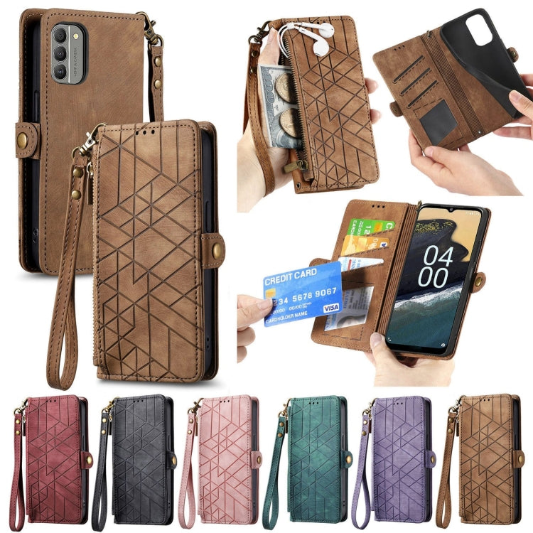 For Nokia C12 Geometric Zipper Wallet Side Buckle Leather Phone Case(Brown) - Nokia Cases by buy2fix | Online Shopping UK | buy2fix