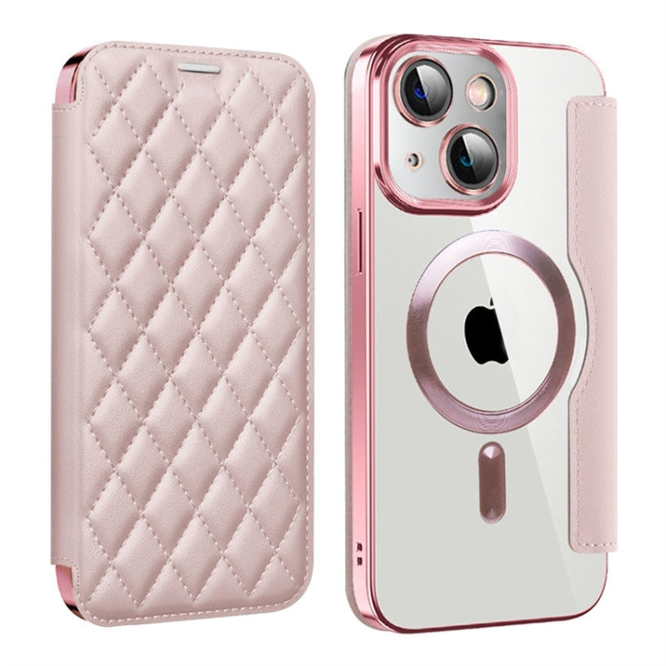 For iPhone 15 Plus Shield Magsafe RFID Anti-theft Rhombus Leather Phone Case(Pink) - iPhone 15 Plus Cases by buy2fix | Online Shopping UK | buy2fix
