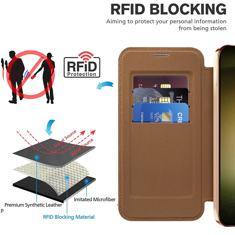 For Samsung Galaxy S23 Ultra 5G Shield Magsafe RFID Anti-theft Rhombus Leather Phone Case(Brown) - Galaxy S23 Ultra 5G Cases by buy2fix | Online Shopping UK | buy2fix