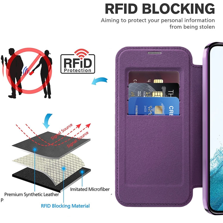 For Samsung Galaxy S22 5G Shield Magsafe RFID Anti-theft Rhombus Leather Phone Case(Purple) - Galaxy S22 5G Cases by buy2fix | Online Shopping UK | buy2fix