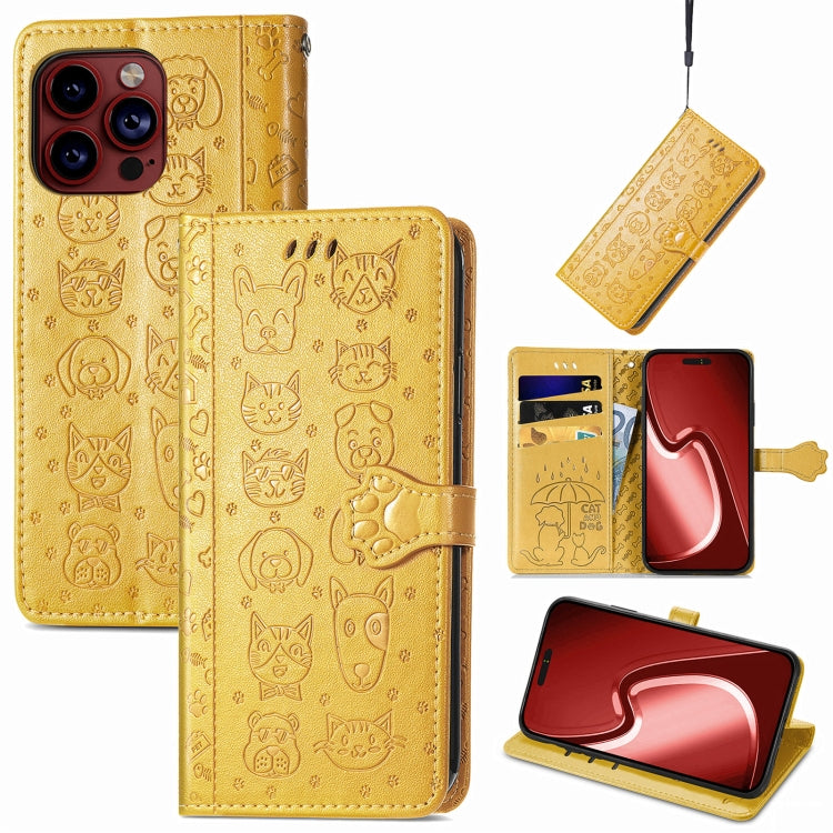 For iPhone 15 Pro Max Cat and Dog Embossed Leather Phone Case(Yellow) - iPhone 15 Pro Max Cases by buy2fix | Online Shopping UK | buy2fix