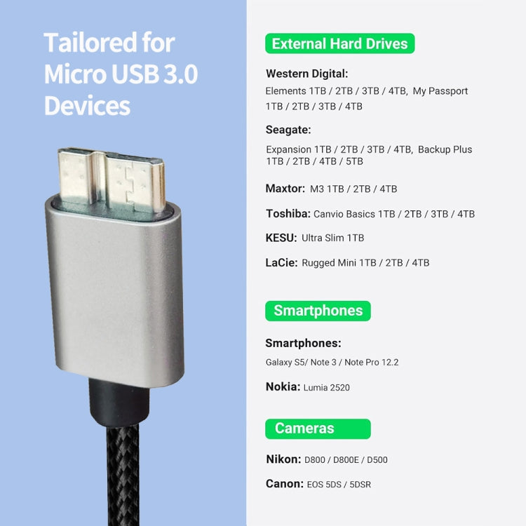 JUNSUNMAY USB 3.0 Male to Micro-B Cord Cable Compatible with Samsung Camera Hard Drive, Length:1m - USB Cable by JUNSUNMAY | Online Shopping UK | buy2fix