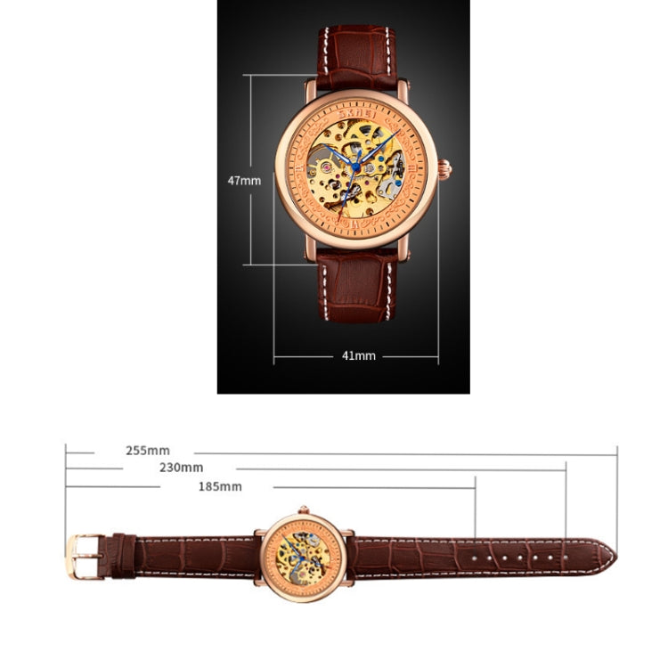 SKMEI 9229 Men Automatic Skeleton Mechanical Watch Thorough Bottom Student Watch(Rose Gold Shell Black Face) - Leather Strap Watches by SKMEI | Online Shopping UK | buy2fix