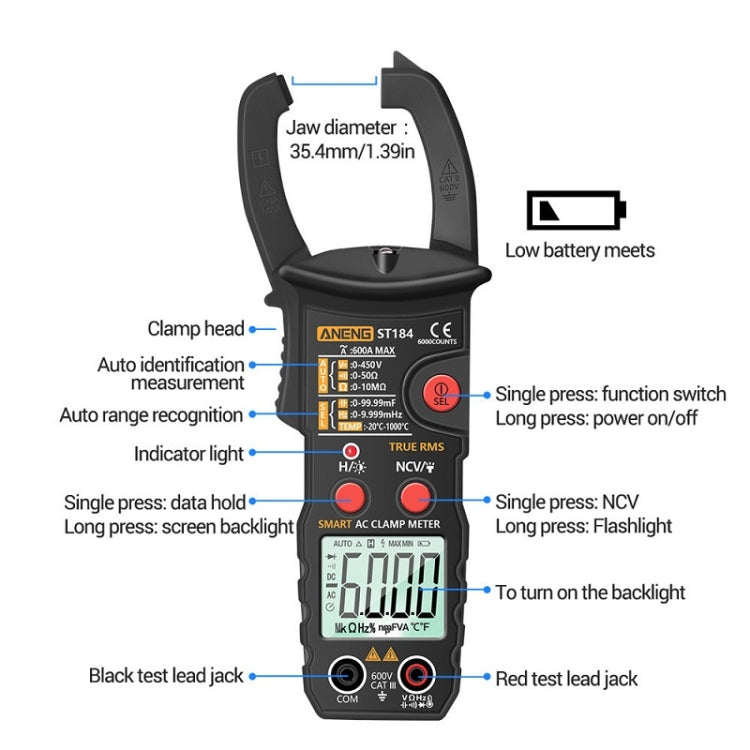 ANENG ST184 Automatically Identify Clamp-On Smart Digital Multimeter(Black) - Consumer Electronics by ANENG | Online Shopping UK | buy2fix