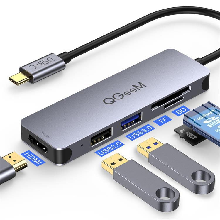 QGeeM QG-UH05-4 5 In 1 TYPE-C Extension HUB Adapter Compatible with SD/TF Reader(5-port) - USB HUB by QGeeM | Online Shopping UK | buy2fix