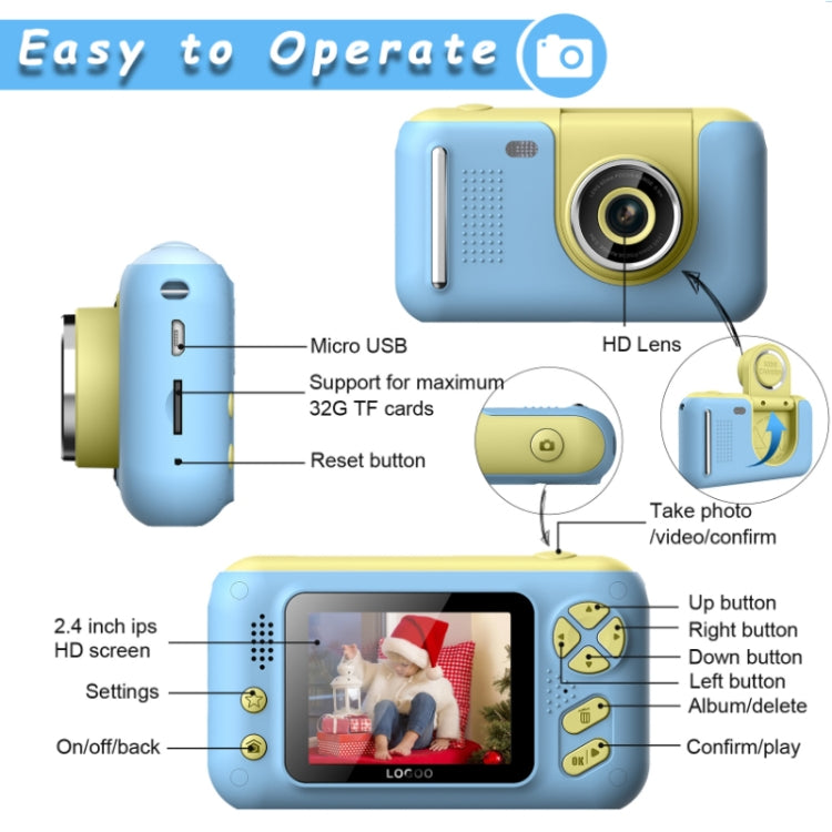 2.4 Inch Children HD Reversible Photo SLR Camera, Color: Yellow Blue + 32G Memory Card + Card Reader - Consumer Electronics by buy2fix | Online Shopping UK | buy2fix