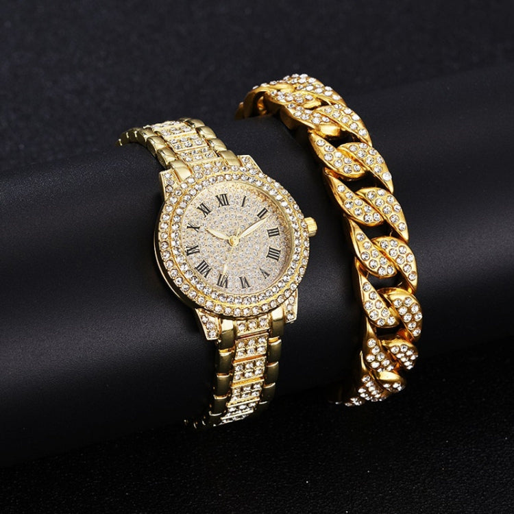 Full Diamond Roman Literal Steel Strap Quartz Watch, Color: Gold+Bracelet - Alloy Watches by buy2fix | Online Shopping UK | buy2fix