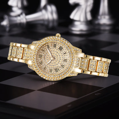 Full Diamond Roman Literal Steel Strap Quartz Watch, Color: Gold+Bracelet - Alloy Watches by buy2fix | Online Shopping UK | buy2fix