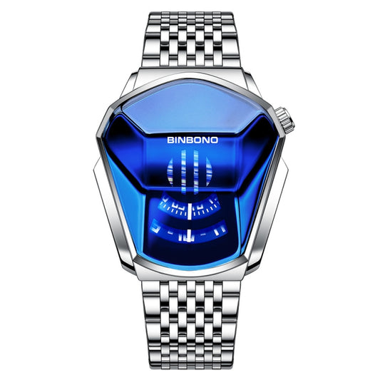 BINBOND Locomotive Concept Steel Belt Watch Men Live Black Technology Watch(White Steel Blue Face) - Metal Strap Watches by BINBOND | Online Shopping UK | buy2fix