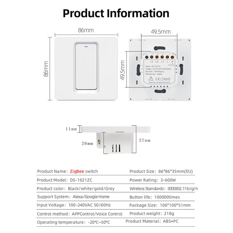 Tuya ZigBee Smart Single-fire Zero-fire Sharing Switch Phone Control Voice Panel EU Plug, Spec: 1 Button - Consumer Electronics by buy2fix | Online Shopping UK | buy2fix