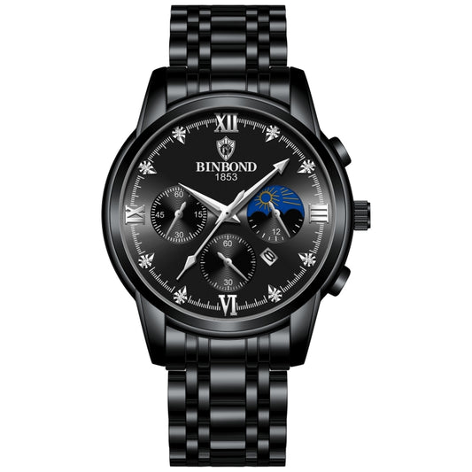 BINBOND B3591 30m Waterproof Luminous Calendar Men Watch, Color: Black Steel-Black - Metal Strap Watches by BINBOND | Online Shopping UK | buy2fix