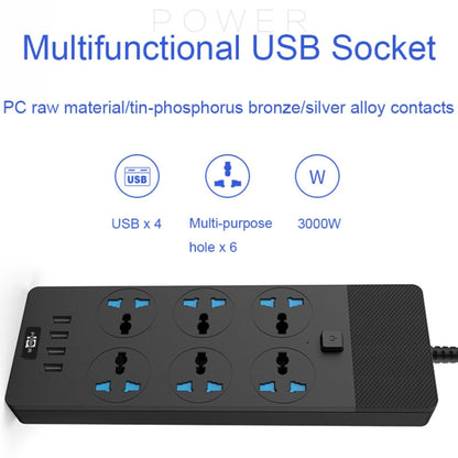 TB-T12 3000W 2m 4-USB Ports + 6-Jacks Multifunctional Flame-Retardant Socket With Switch(US Plug) - Extension Socket by buy2fix | Online Shopping UK | buy2fix